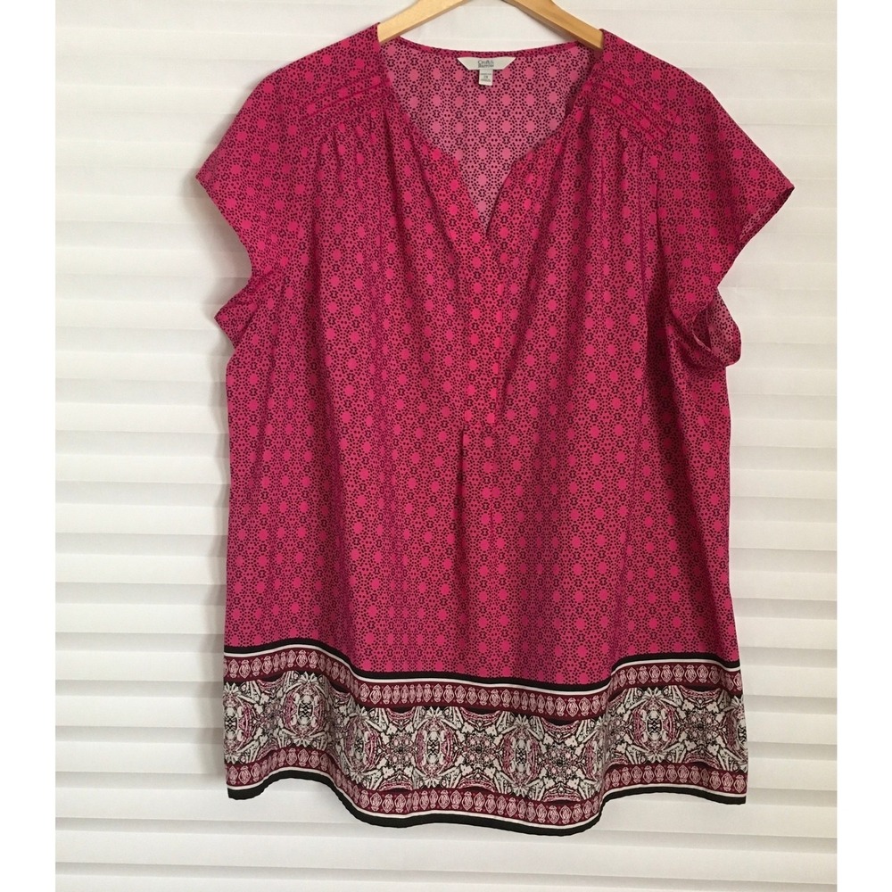 Croft & Barrow Womens Blouse Top Size 2X Cap Sleeve Pull On Pink V Neck